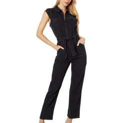 Paige Jett Cap Sleeve Utility Jumpsuit in Black Dove | Jumpsuits & Rompers