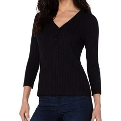 Liverpool 3/4 Sleeve Button Front Rib Knit Henley Top | Shirts & Tops