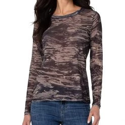 Liverpool Long Sleeve Printed Mesh Crew Neck Knit Top | Shirts & Tops