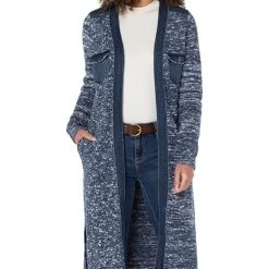 Liverpool Long Sweater Cardigan w/ Denim Trim | Sweaters